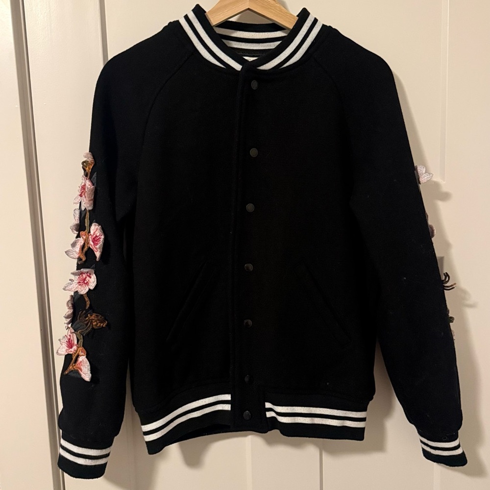 Off-White Cherry Blossom Wool Blend Bomber Jacket